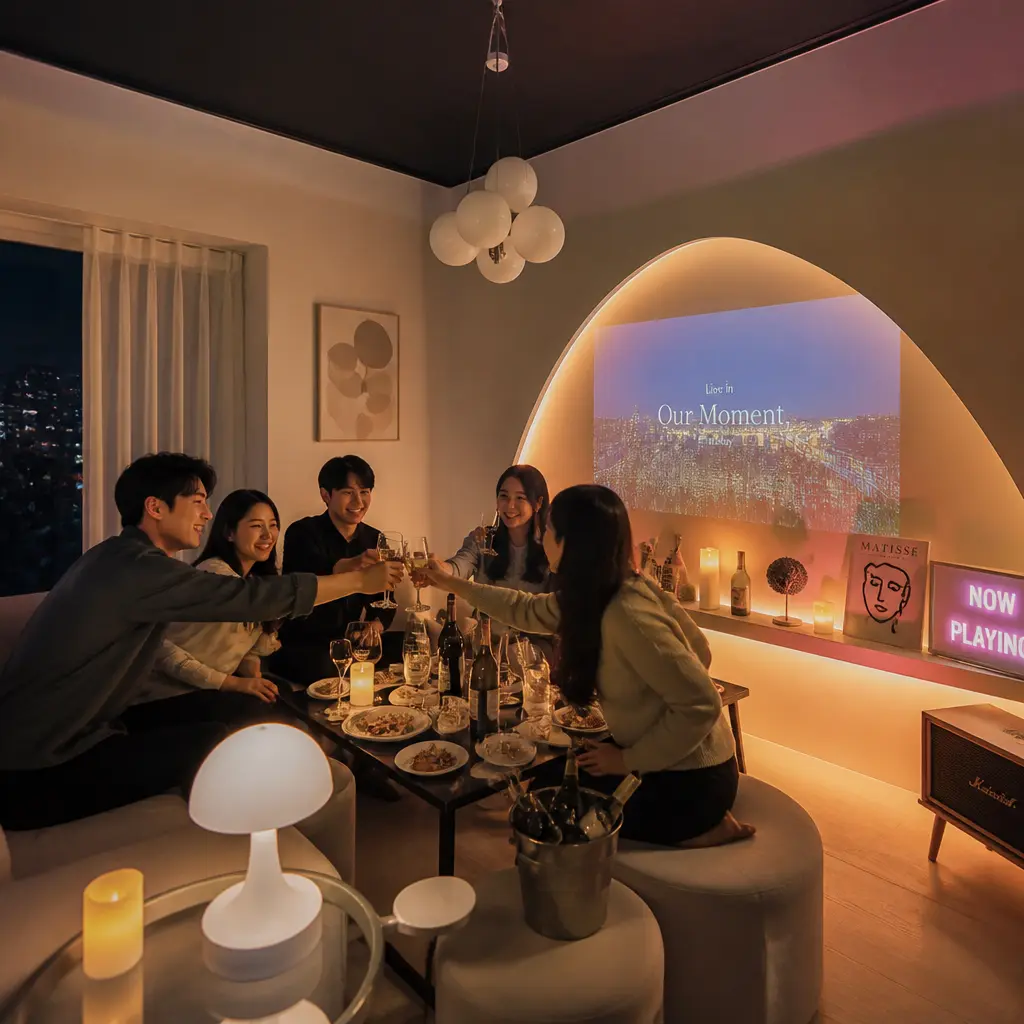 일산의 분위기 있는 소규모 파티룸, 모던한 인테리어와 조명, 모임을 즐기는 사람들